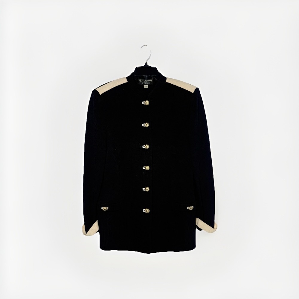 St. John Collection Marie Gray Cream Black Trim Button Blazer Women's Size 12